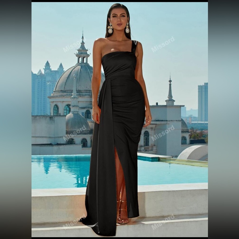 One shoulder floor length gown.